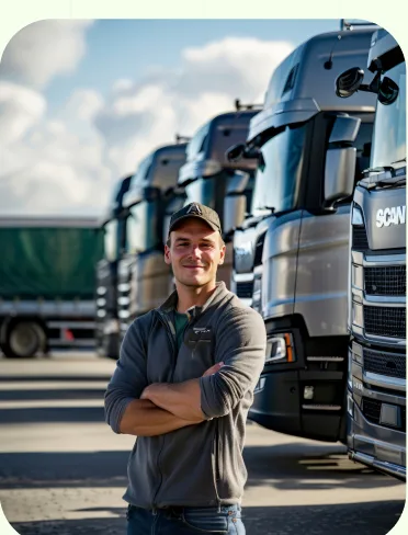 A driver in front of a truck yard