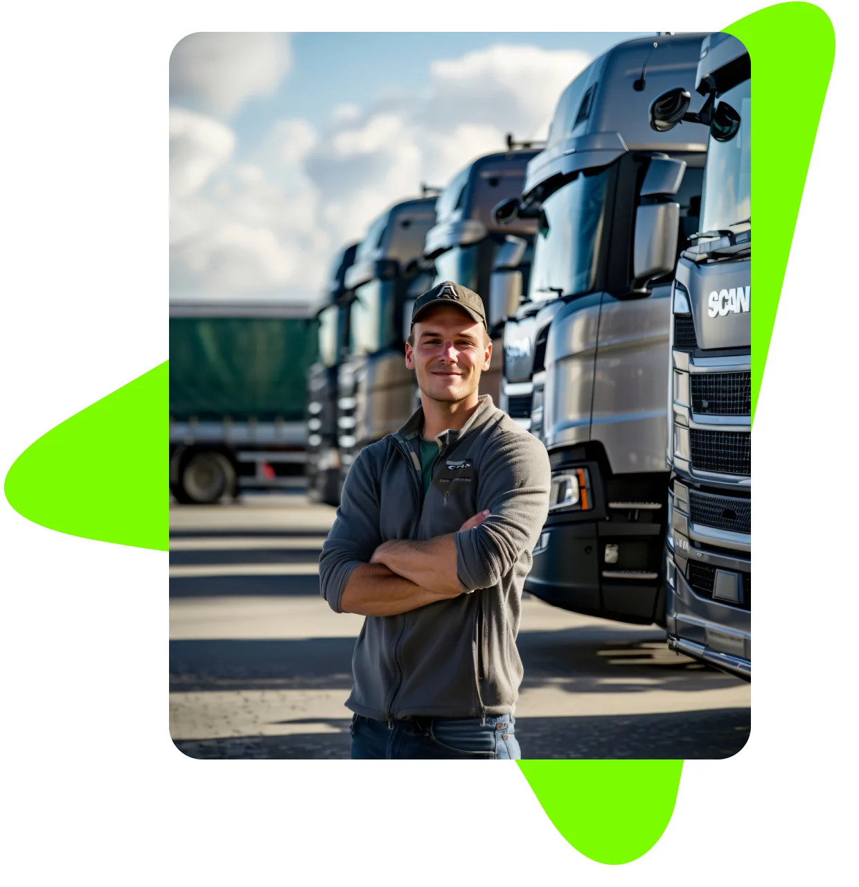 A driver in front of a line of trucks
